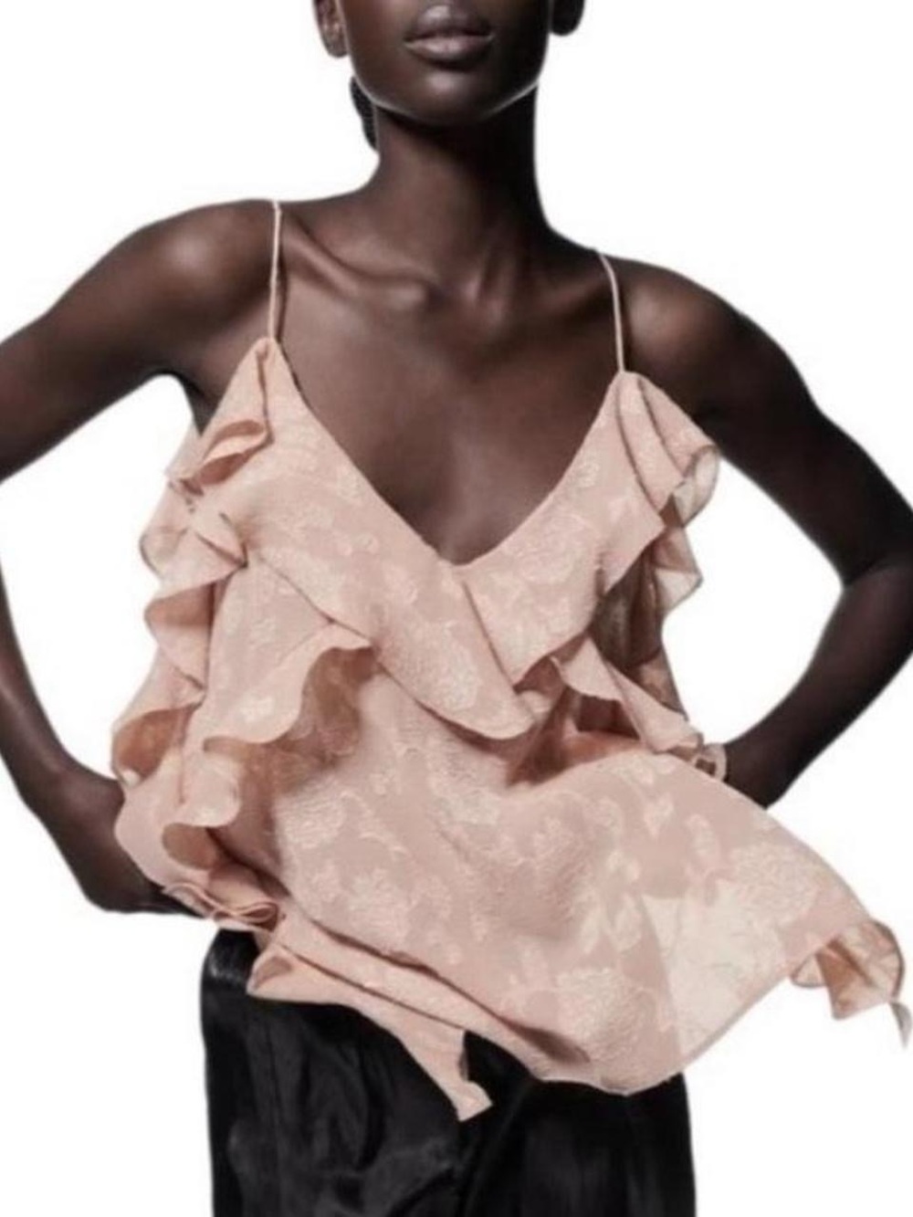 Zara Blush Pink Floral Ruffle V-Neck Spaghetti Strap Cami
